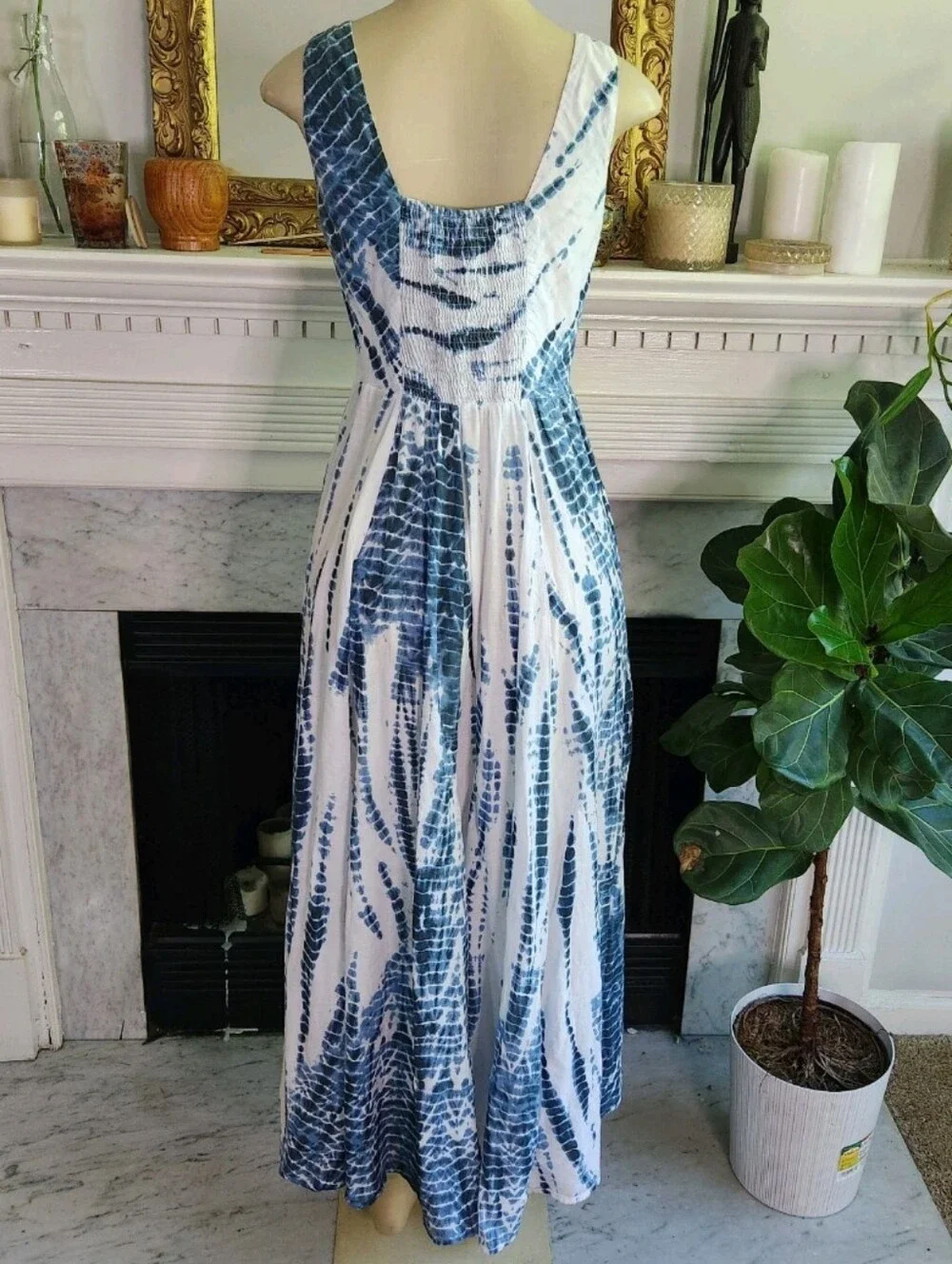 Michael Kors Blue White Tie Dye Tank Dress Maxi Fringe Boho Summer Size XXS